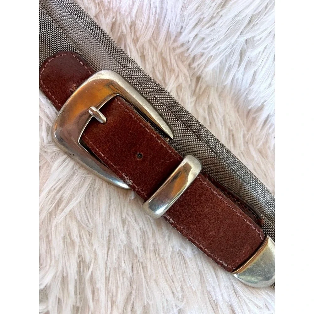 Ann Taylor Leather Mesh Belt M Brown Silver Retro Vintage 90s USA Metallic Y2K